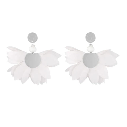 White with Silver Finishing Satin Flower Earrings
