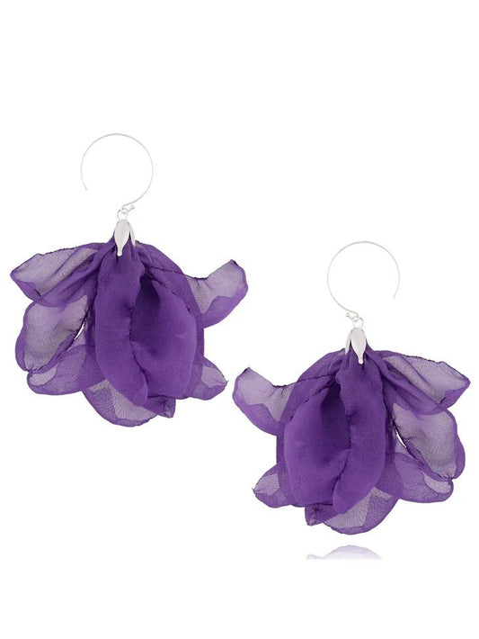 Purple Silk Tulip Flower Earrings with Silver Finishing