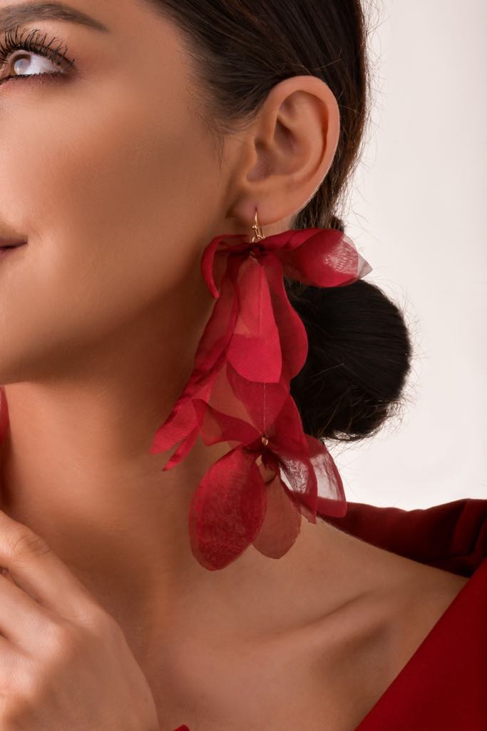 Burgundy Multi Leaf Silk Flower Earrings
