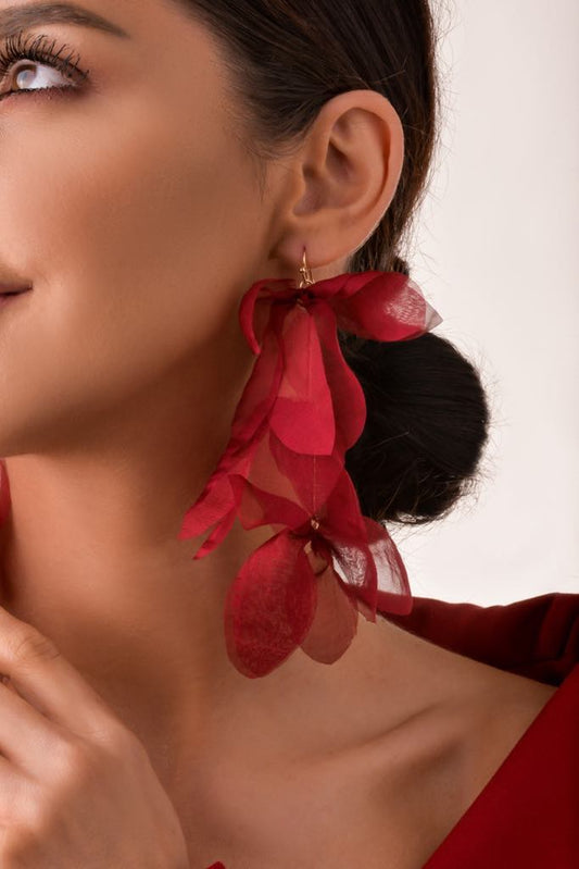 Burgundy Multi Leaf Silk Flower Earrings