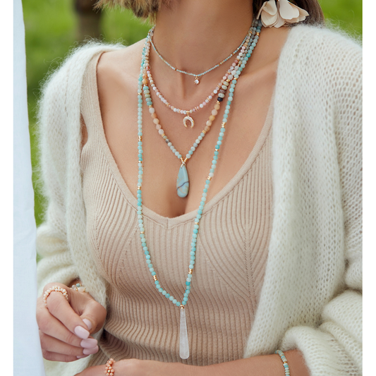 Turquoise and Moon Stones Long Necklace with Crystal Pendant