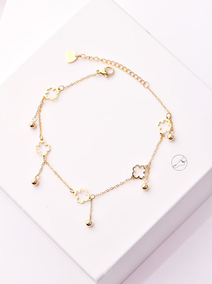 14k Gold Plated Chain Anklet with Balls and Clover Pendants