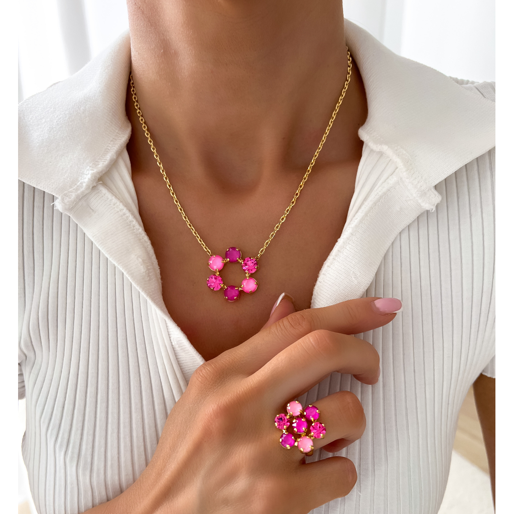 Necklace with Pink and Fuchsia Crystals Flower Pendant