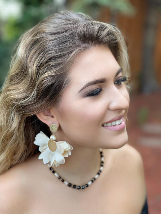 Satin Flower Earrings in Beige with Old Gold Finishing