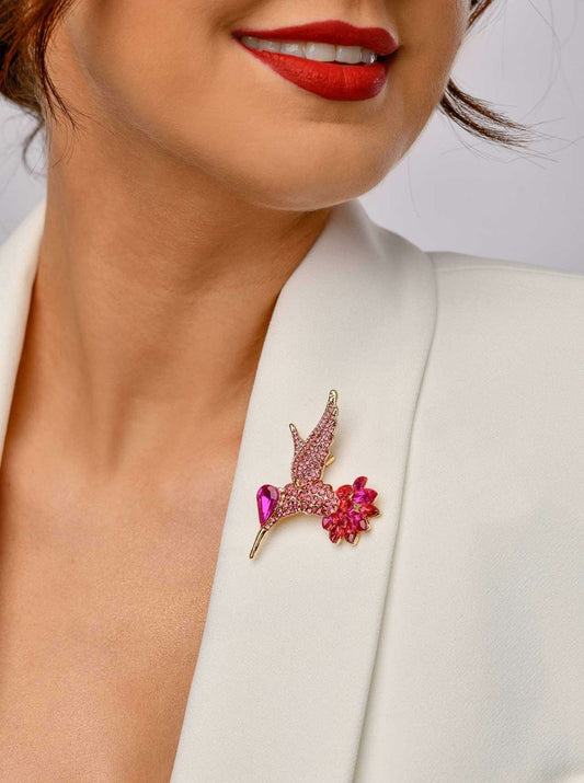 Pink Crystals Hummingbird Brooch