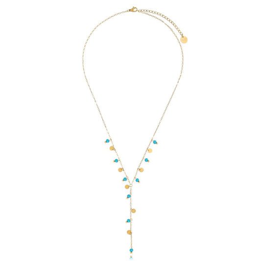Gold Plated Turquoise Y Necklace with Gold Discs Incantatio