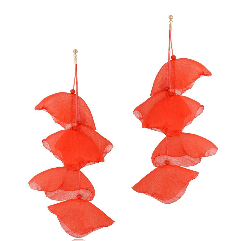 7 inch Long Silk Flower Earrings in Coral