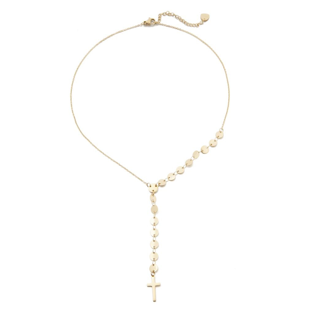 14k Gold Plated flat Discs Chain Necklace with Gold Cross