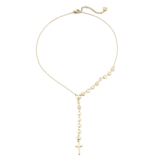 14k Gold Plated flat Discs Chain Necklace with Gold Cross