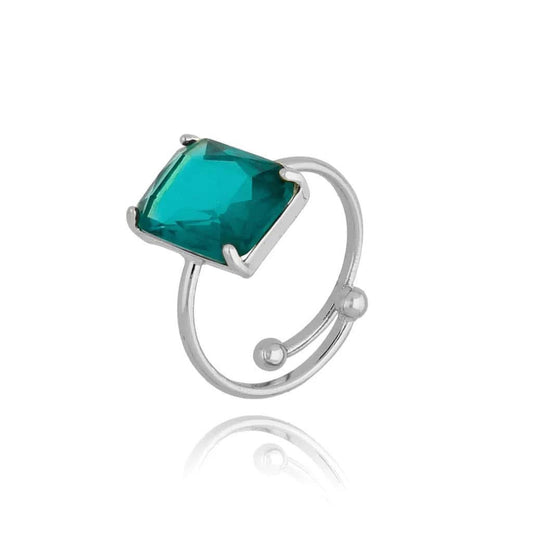 Silver Rectangle Clear Green Self Adjustable Ring