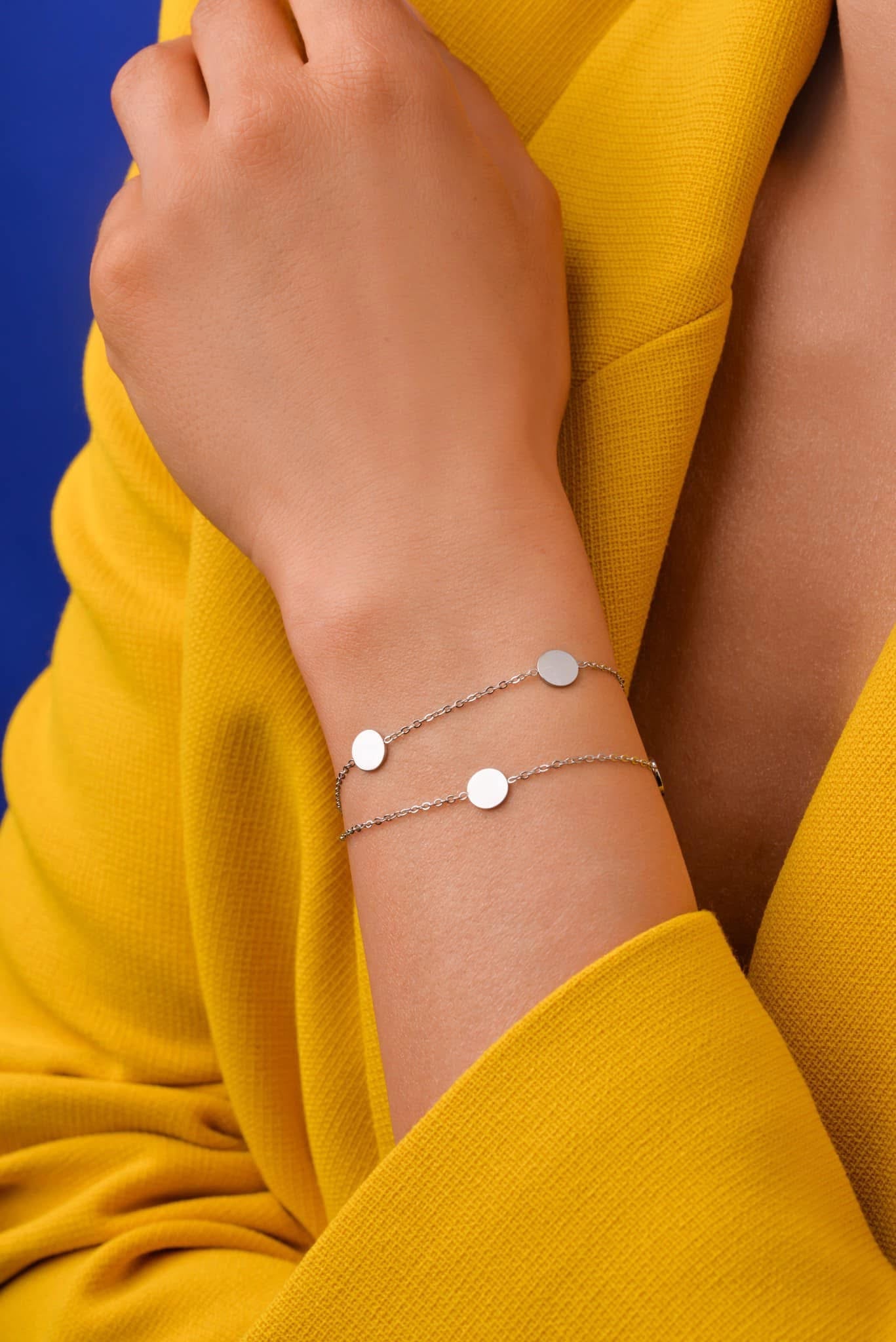 Silver Double Chain Bracelet with Flat Discs