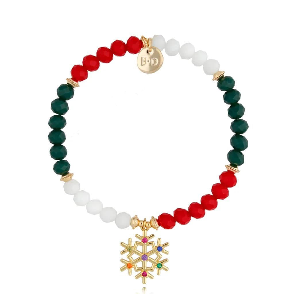 Twinke Holiday Red, Green and White Glass Crystals Bracelet with Snowflake Pendant