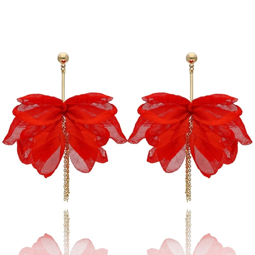 Red Silk Tulip Earrings with Chains