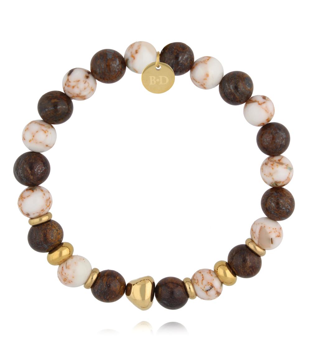 Gold Plated White and Brown Howlite Stones Elastic Bracelet