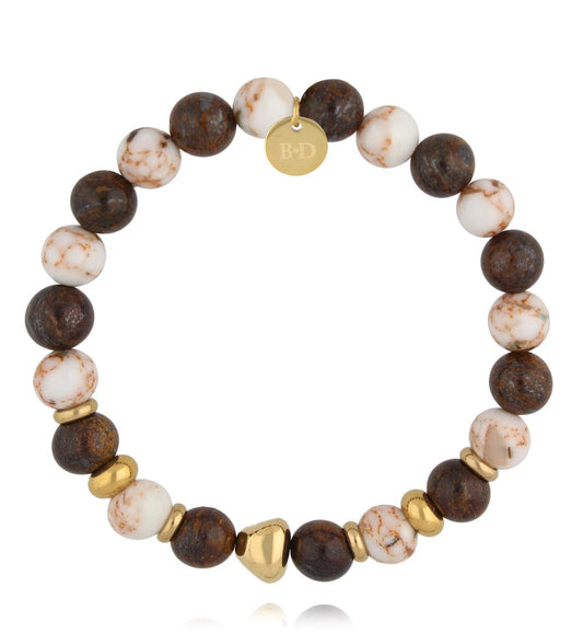 Gold Plated White and Brown Howlite Stones Elastic Bracelet