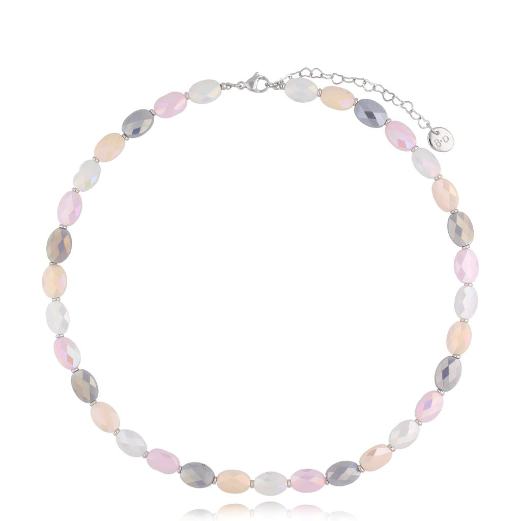 Gray & Pastel Pink Crystal Necklace Togue with Silver Finishing