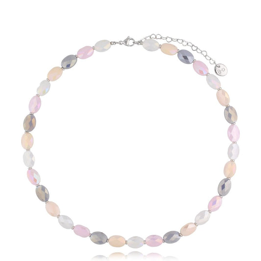 Gray & Pastel Pink Crystal Necklace Togue with Silver Finishing