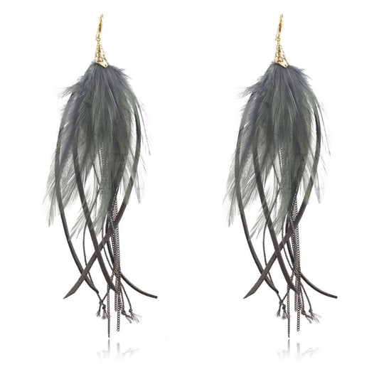 Gray Feather Earrings with Leather Strings and Chains (cl)