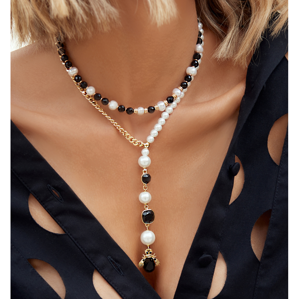 Pearls and Black Agate Choker Necklace