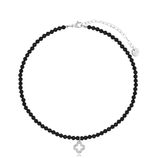 Black Tourmaline Necklace with Silver Crystal Clover Pendant