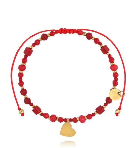 Gold Plated And Red Jadeite Stones Bracelet with Heart Good Luck