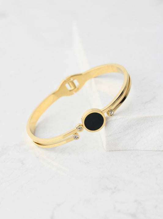 Gold Plated Oval Bracelet with with Crystals and Black Enamel Circle