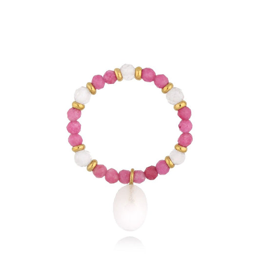 Pink Quartz and Jadeite Ring with Stone Rocher