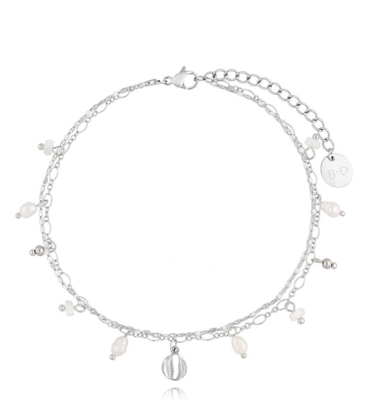 Simple Steel Silver Anklet with Pearls and Seashell