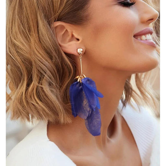Royal Blue with Gold Shimmer Silk Flower Earrings