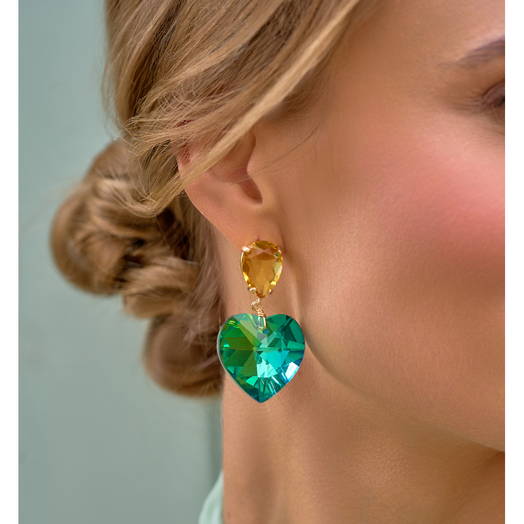 Multi Color Green & Blue Crystal Heart Earrings Osasco