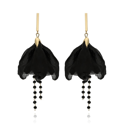 Black Tulips Silk Flower Earrings with Black Crystals