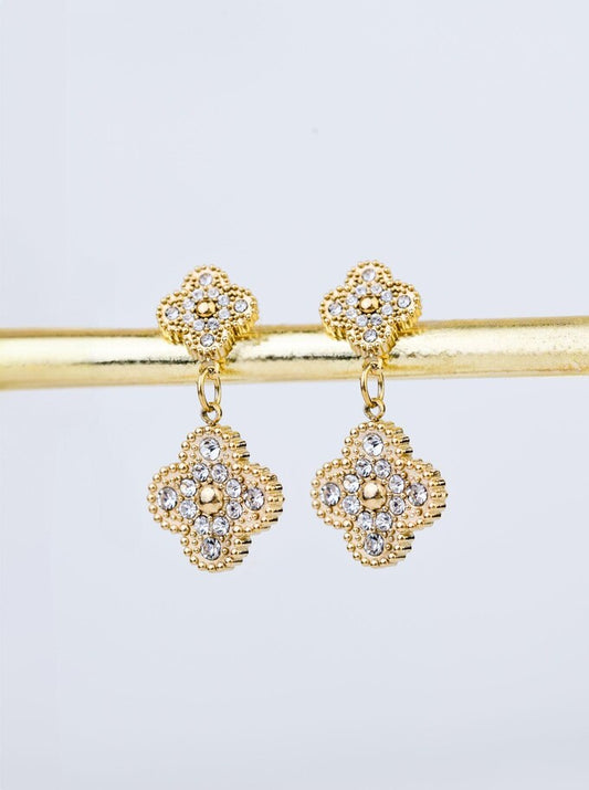 Glamorous 14k Gold Plated Zirconium Clover Earrings