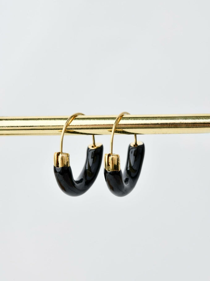 Gold Plated & Black Enamel Hoops Earrings