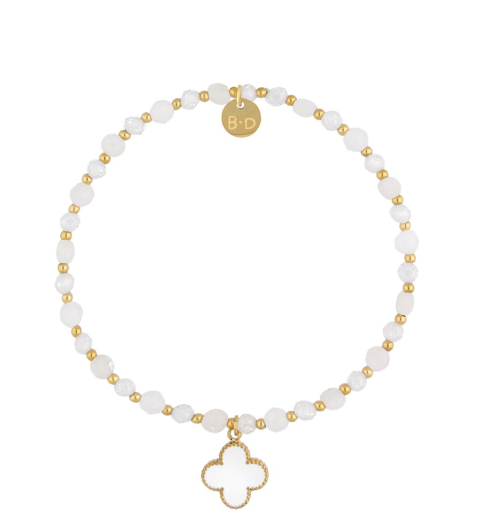 White and Clear Stones Bracelet with White Enamel Clover Pequeno