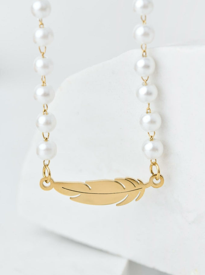 14k Gold Plated White Pearls Necklace with Feather