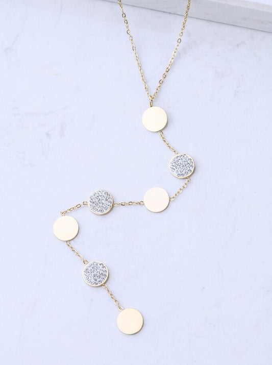 Gold Plated Y Necklace with Flat and Crystal Dysks
