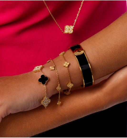 Two Side Black or Crystal Gold Clovers Bracelet