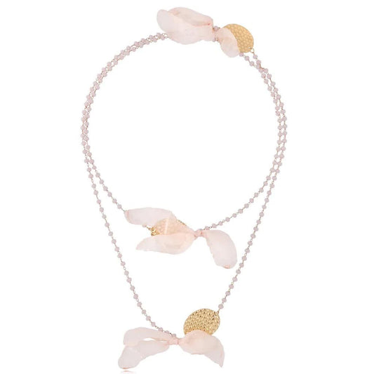 Long Gold Chain Necklace with Silk Beige Flowers and Beige Crystals (cl)