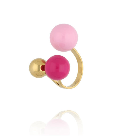 Steel and Shine Enamel Fuchsia, Light Pink and Gold Balls Ring 1114