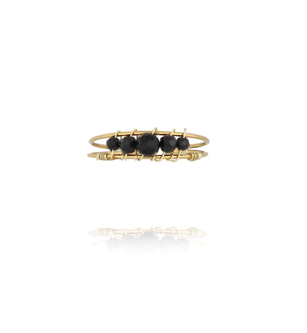 Gold Plated Adjustable Ring with Black Agate Stones
