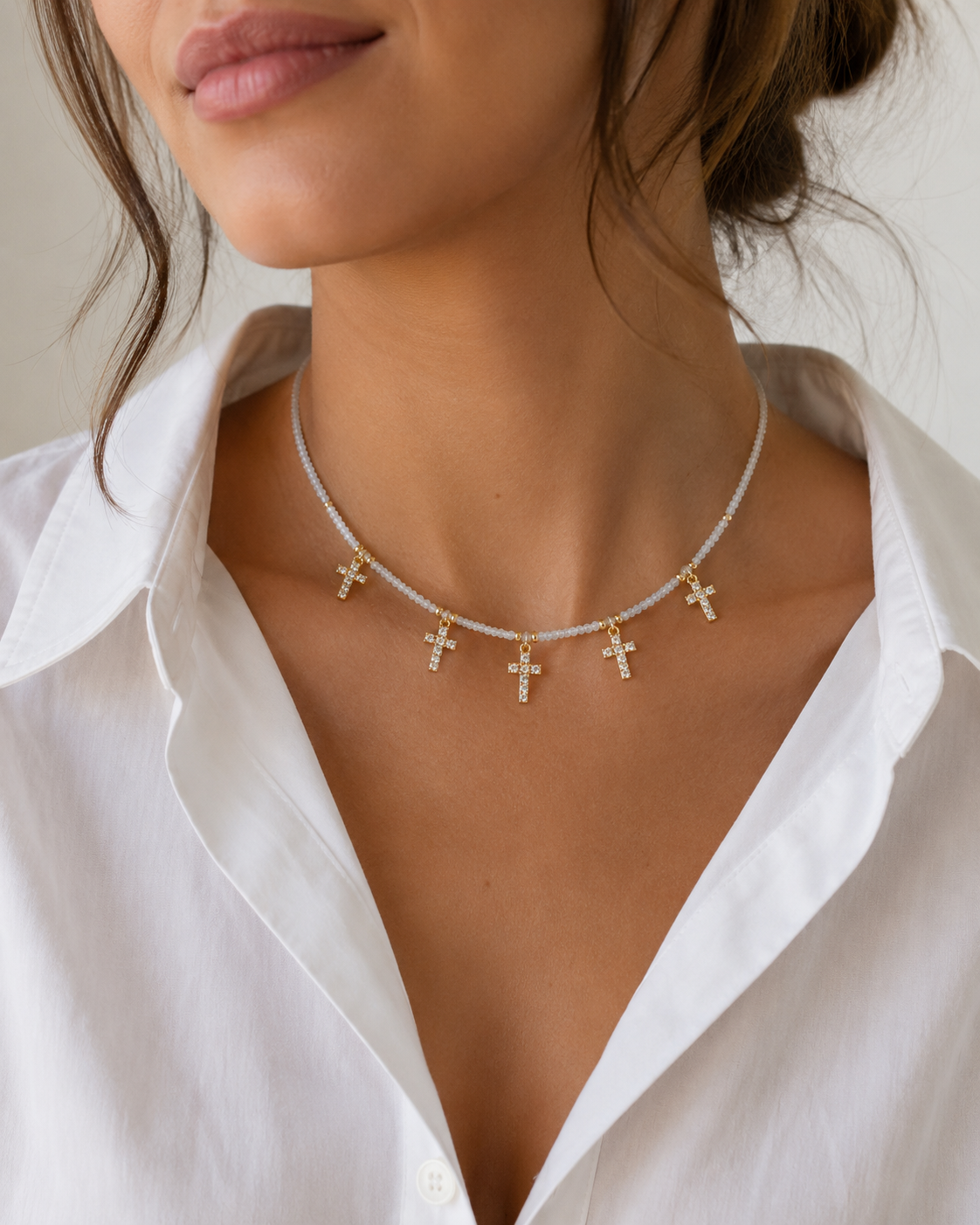 Snow White Stones Necklace with Zirconia Crosses