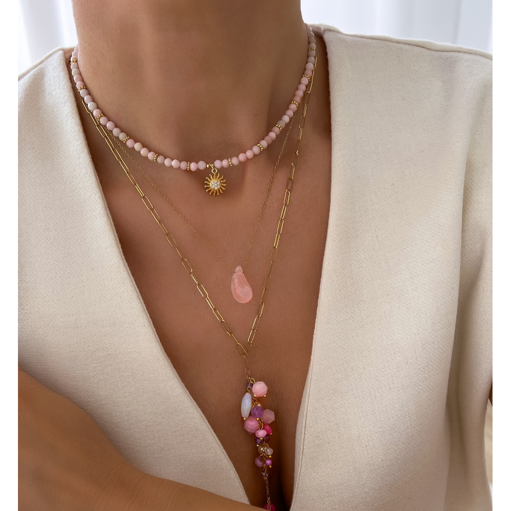 Off White & Pink Opal Stones Necklace with Crystal Sunflower