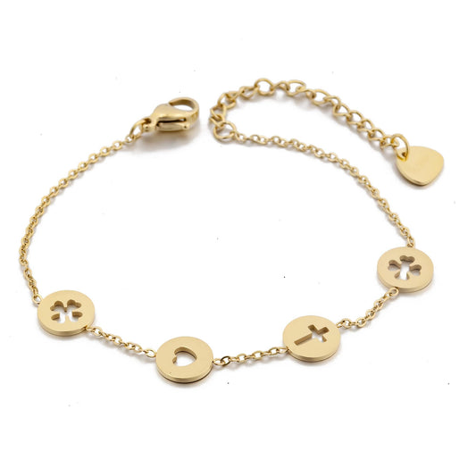 Gold Plated Bracelet with Cross, Heart and Clovers (CL)