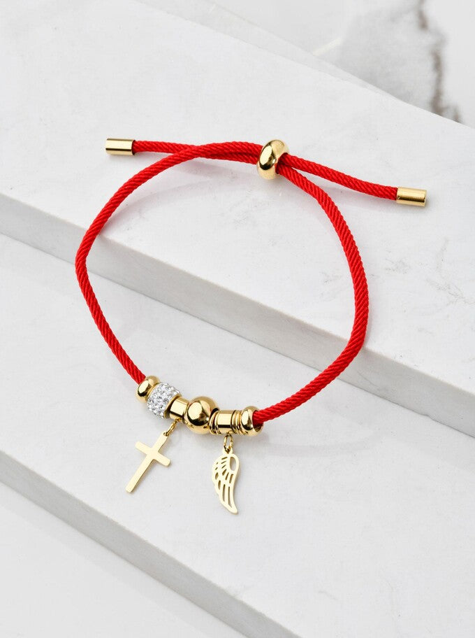 Lucky Red String Bracelet with Angel Wing & Cross