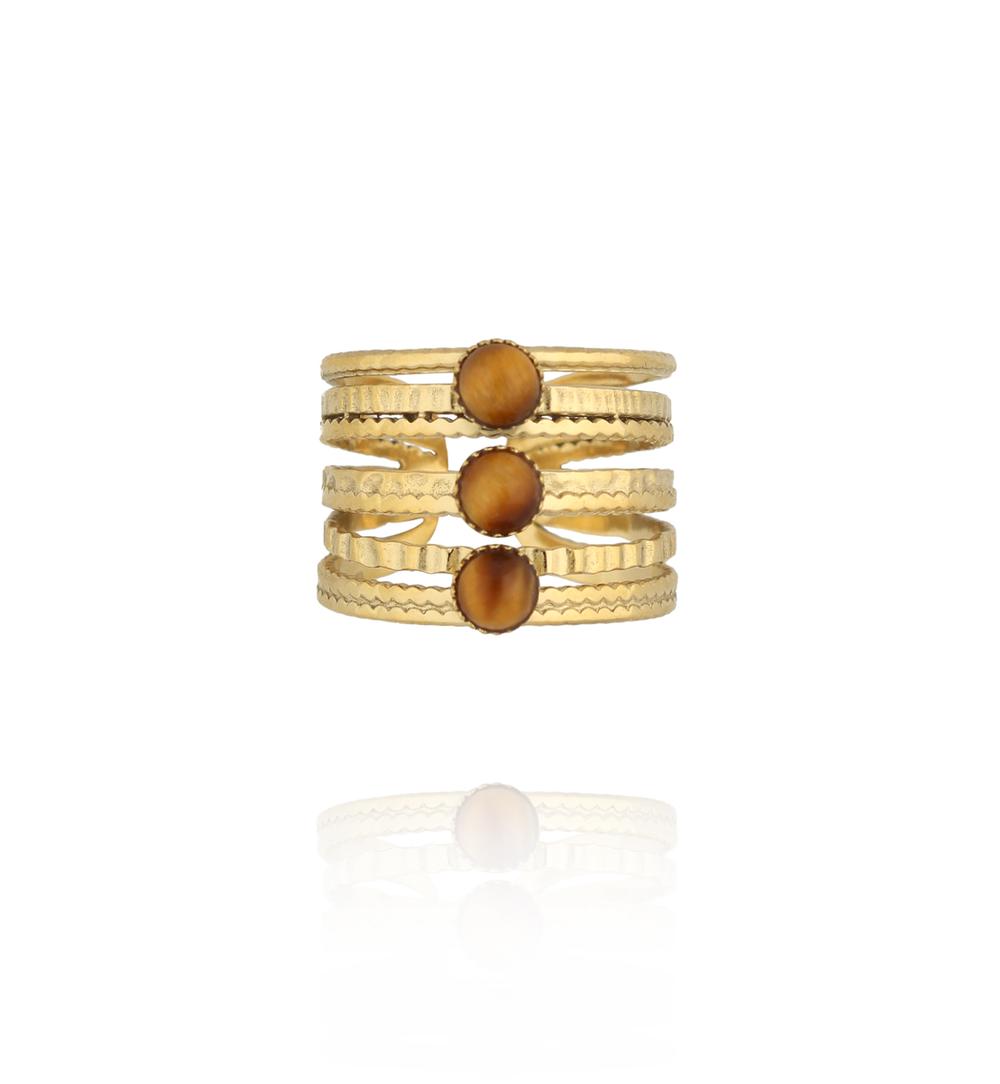 Gold Plated Three Tigers Eye Stones Wide Ring 0079