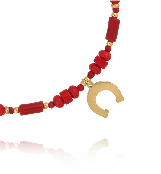 Red Jadeite and Coral String Bracelet with Lucky Horseshoe