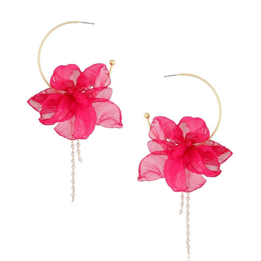 Pink Silk Flower Hoops Earrings