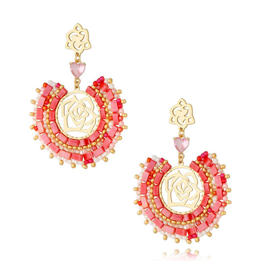 Red Rose Earrings with Red & Light Pink Glass Beads