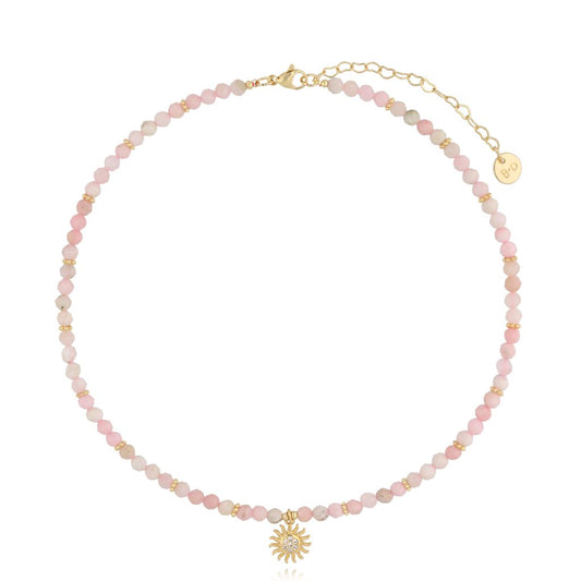 Off White & Pink Opal Stones Necklace with Crystal Sunflower