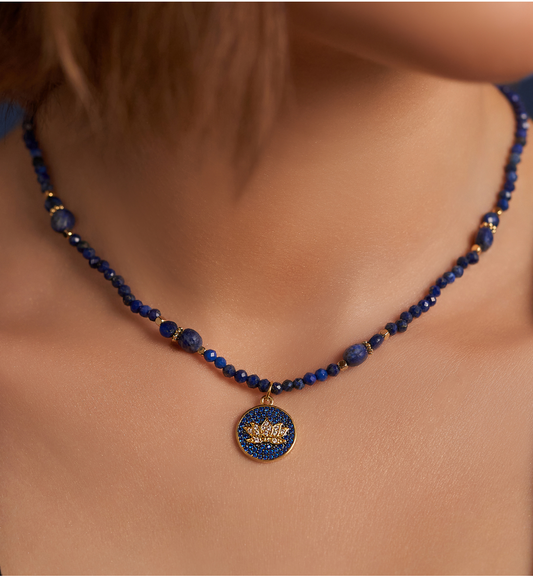 Lapis Lazuli Necklace with Flower Pendant Fleur de Lotus